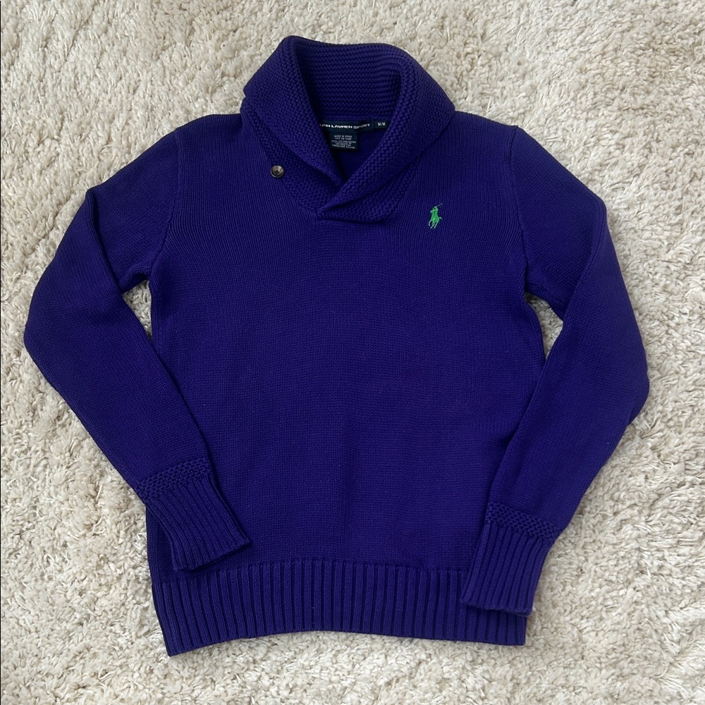 Ralph Lauren Purple Shawl Collar Knit Sweater with Green Pony Logo
